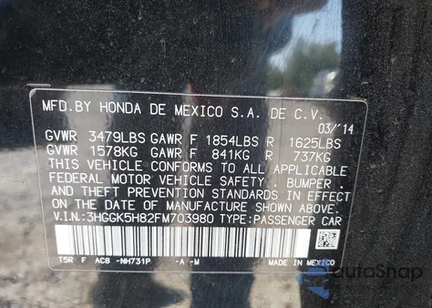 2015 Honda Fit Ex/Ex-L from USA, damaged, VIN 3HGGK5H82FM703980